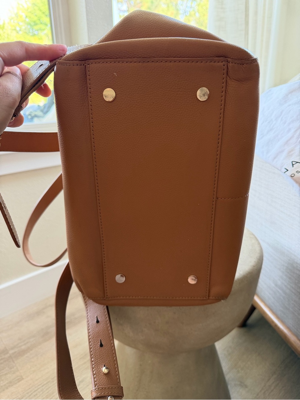Mina Baie Harper Leather Midi Backpack Bag Tan Shoulder Strap - Picture 4 of 12
